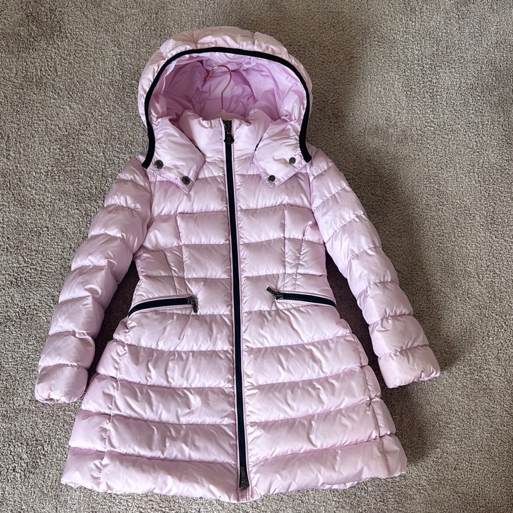 Moncler Authentic Pink Quilted Jacket for girls, size 5.